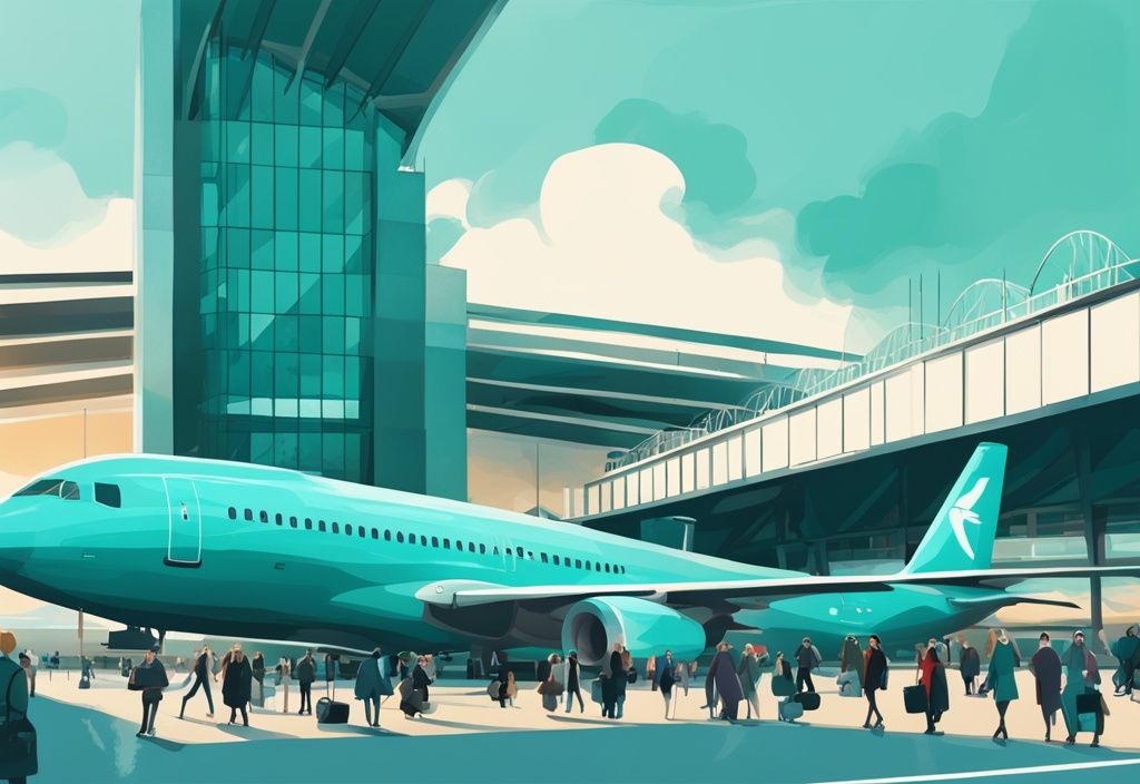 Ilustración digital moderna en tonos teal del Aeropuerto de Dublín con aviones en la pista, pasajeros apresurados y el edificio terminal icónico al fondo.