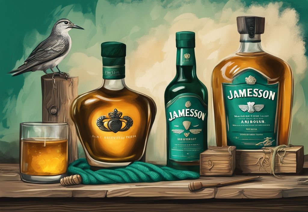 Ilustración digital moderna con tema color teal mostrando elementos icónicos irlandeses como un anillo Claddagh, una botella de whiskey Jameson, suéteres Aran y miel producida en Dublín, sobre una mesa de madera rústica.