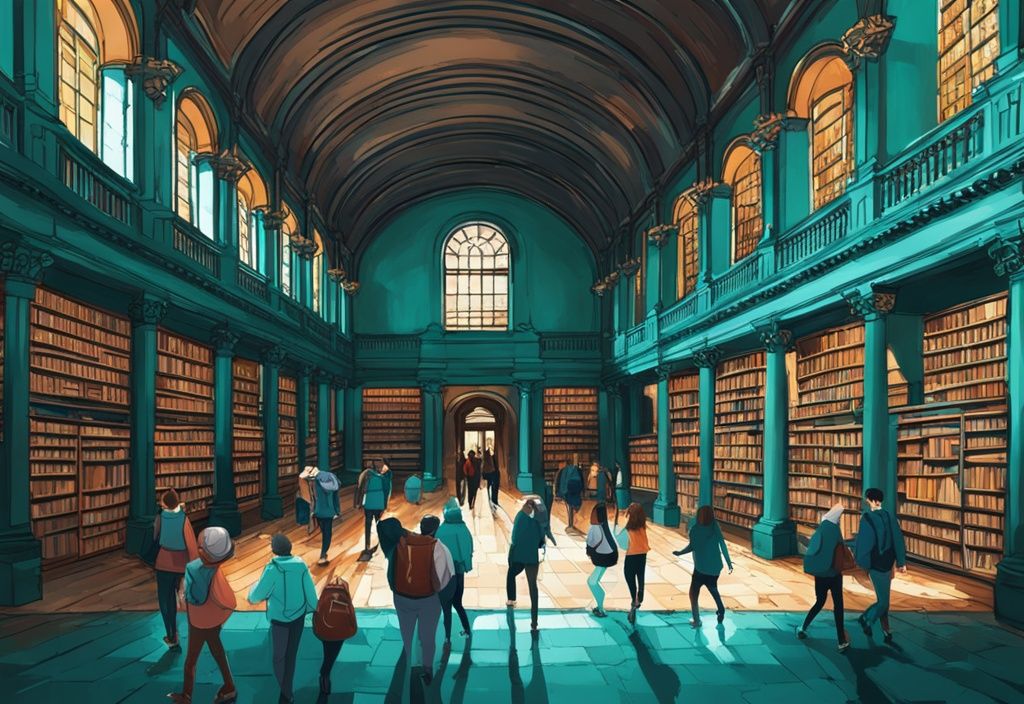 Turistas emocionados explorando la icónica Long Room de la Antigua Biblioteca en el Trinity College de Dublín, ilustración digital moderna en tonos de color teal.