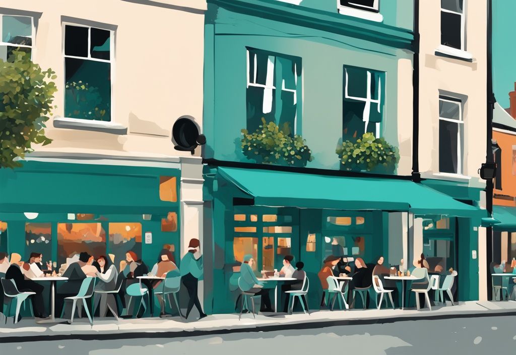 Pintura digital moderna de un restaurante asequible y animado en Dublín con temática de color teal, mostrando locales y turistas disfrutando de una variedad de platos.