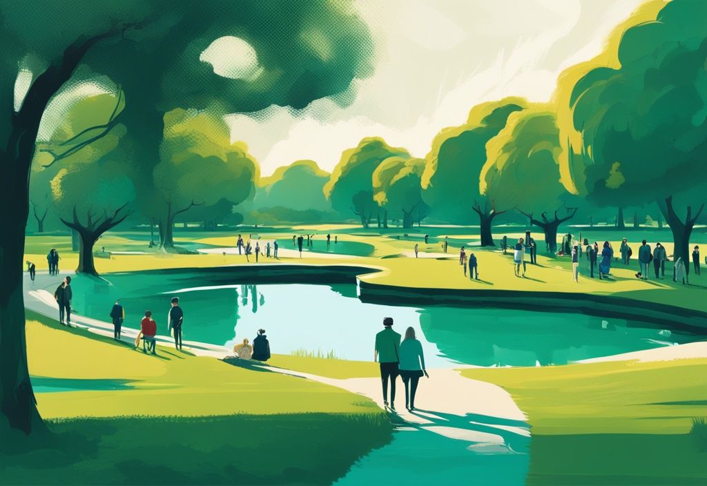 Ilustración digital moderna de Phoenix Park con tema principal en color teal, mostrando césped verde, senderos, árboles antiguos, un estanque y personas disfrutando.