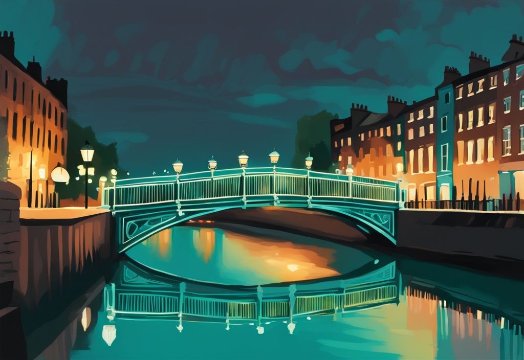 Pintura digital moderna del puente del medio penique iluminado al anochecer, con faroles icónicos y el río Liffey reflejante.