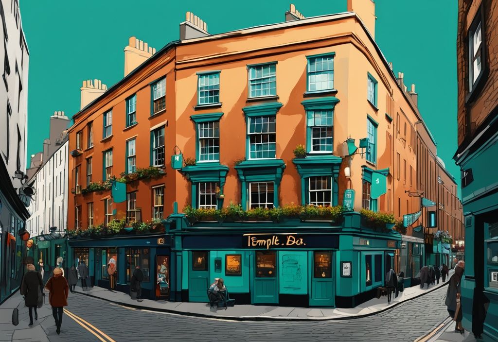 Ilustración digital moderna de Temple Bar, mejor zona para alojarse en Dublin, con pubs animados, cafés al aire libre y arquitectura histórica, en tonos de color teal.