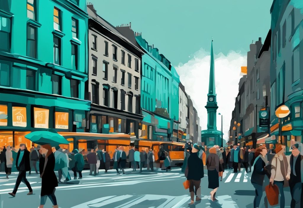 Ilustración digital moderna de O'Connell Street en Dublín con tema principal en color teal, destacando el monumento Spire y peatones animados.