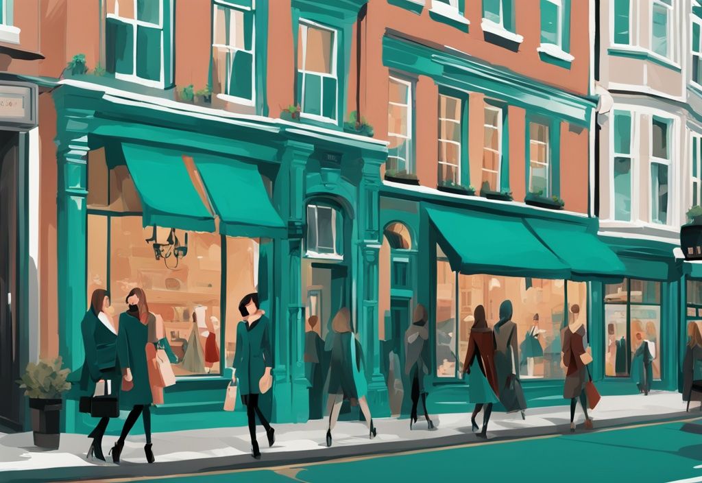 Ilustración digital moderna de una bulliciosa calle de la ciudad en Dublín, Irlanda, con tiendas de ropa en dublín irlanda y escaparates elegantes, en tonos de color teal.