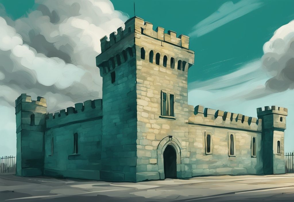 Ilustración digital moderna de una prisión histórica en Dublín con estructura de piedra y torres de vigilancia en un día nublado, con tema de color principal en tonos de teal.