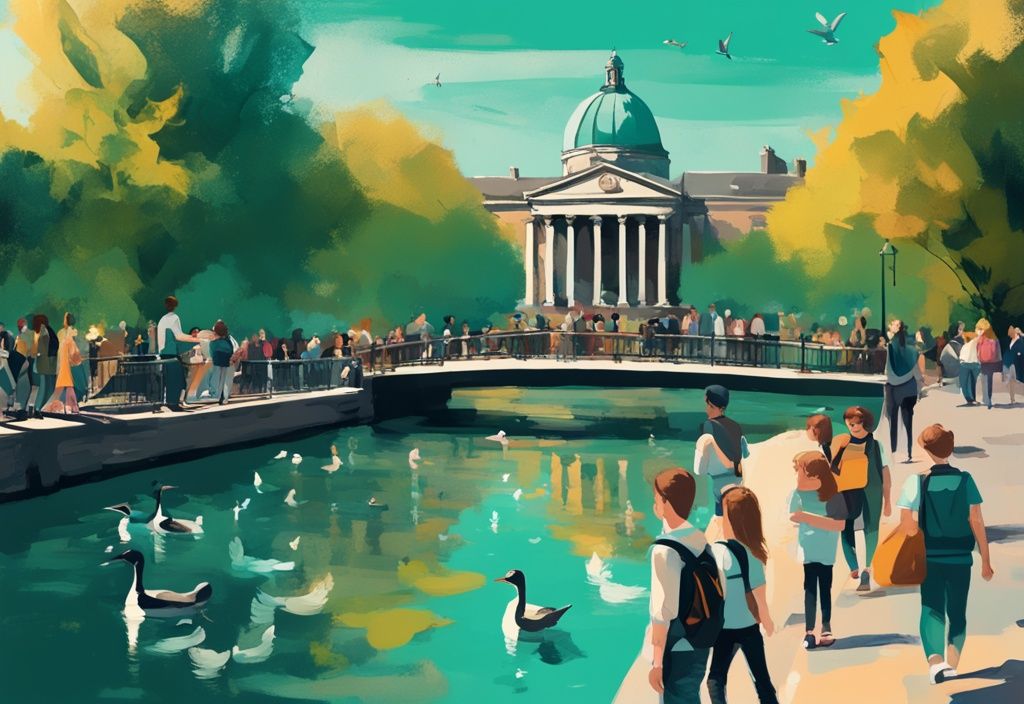 Ilustración digital moderna de verano en Dublín con turistas en Temple Bar, Trinity College y niños alimentando patos en Stephen's Green bajo la cálida luz del sol, en tonos de color teal.