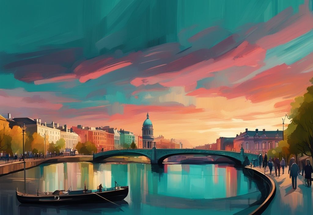 Ilustración digital moderna de paisajes dublin con temática principal en color teal, mostrando una vista panorámica de la vibrante ciudad de Dublín con su arquitectura clásica, parques exuberantes y el río Liffey bajo un cielo de atardecer impresionante.