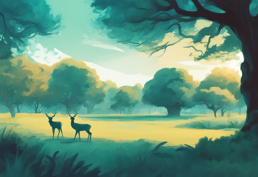 Ilustración digital moderna de Phoenix Park con ciervos entre la vegetación exuberante y árboles antiguos, tema principal color teal.