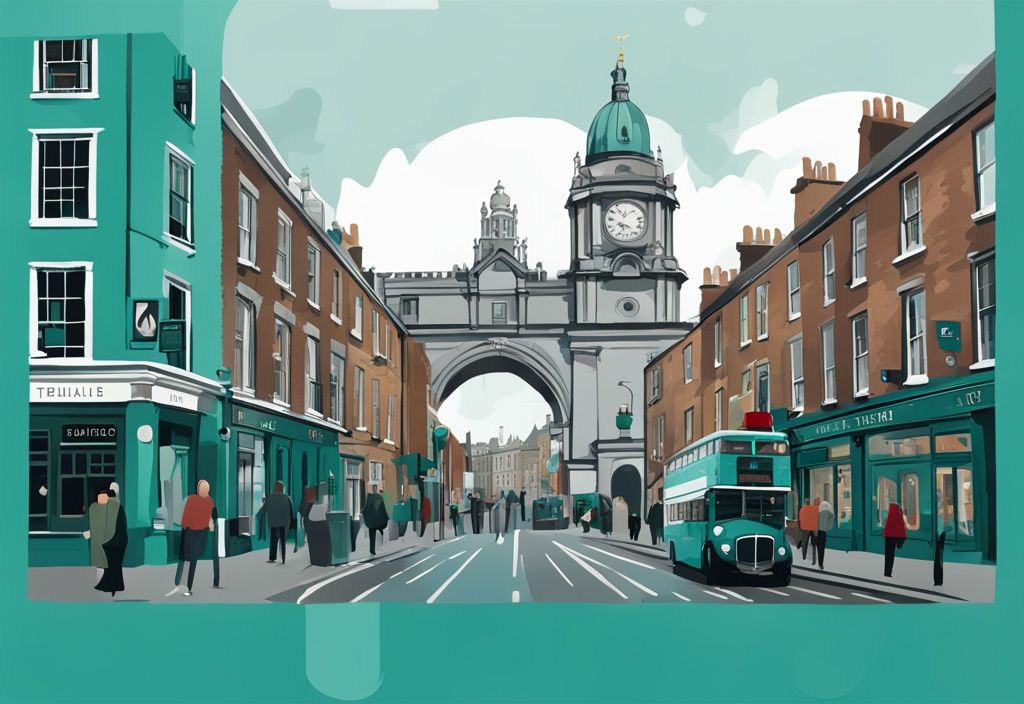 Ilustración digital moderna de Dublín con tema en color teal, mostrando el Castillo de Dublín y Temple Bar con un calendario semitransparente sugiriendo un itinerario; ideal para cuantos dias para ver dublin.