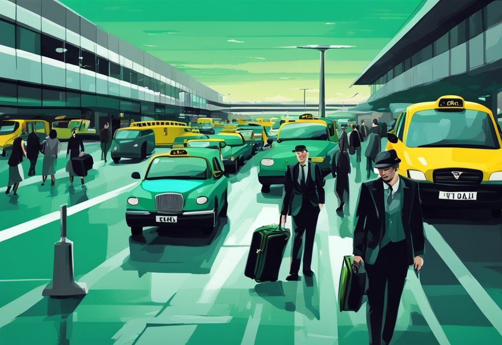 Ilustración digital moderna de una animada escena callejera con un taxi negro y verde recogiendo pasajeros con maletas en la terminal del aeropuerto de Dublín, con un tema de color principal en tonos teal.