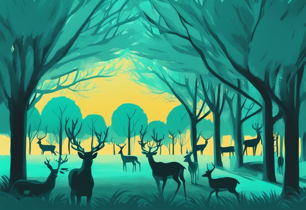 Ilustración digital moderna con tema principal en color verde azulado de Phoenix Park, donde estan los ciervos en phoenix park descansando pacíficamente bajo los árboles.