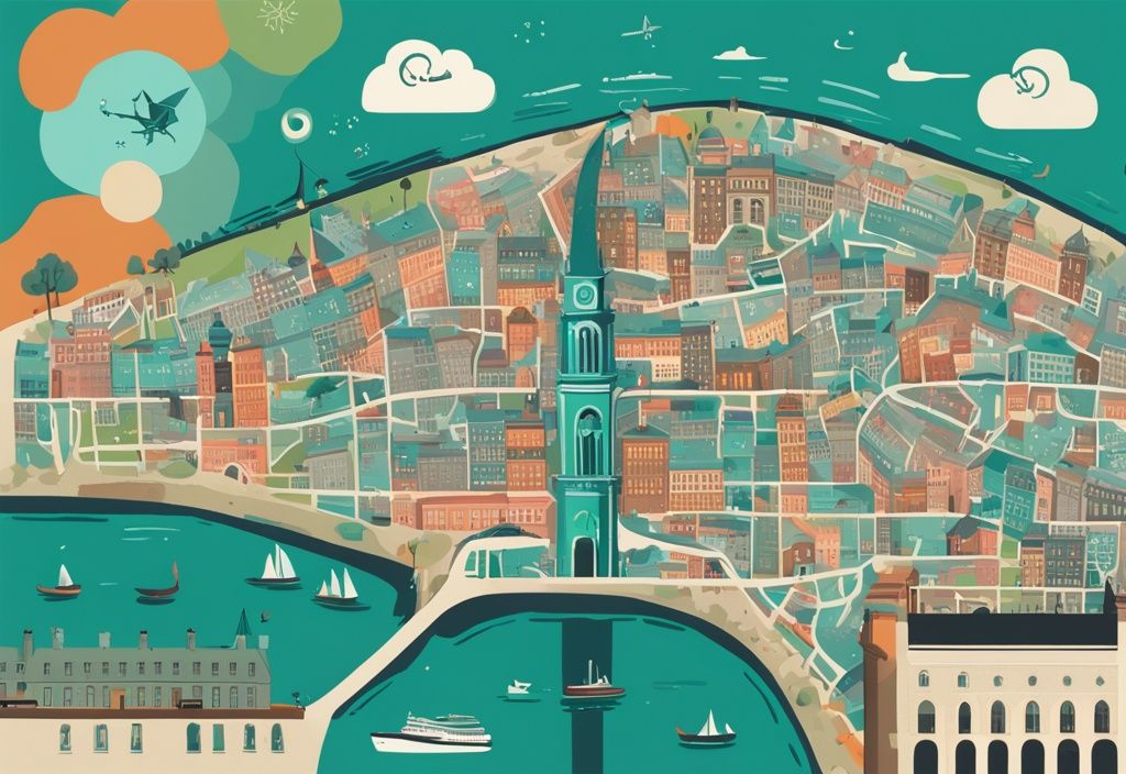 Ilustración digital moderna de un mapa colorido de Dublín con temática principal en tonos de teal, mostrando zonas diferenciadas por colores y iconos de puntos de referencia.