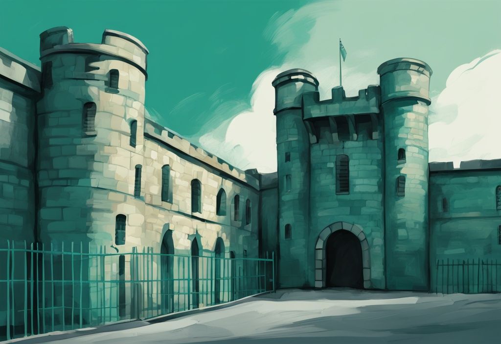 Ilustración digital moderna de una prisión histórica de Dublín con paredes altas y torres de vigilancia, en un día nublado, con tema de color principal en tonos teal.