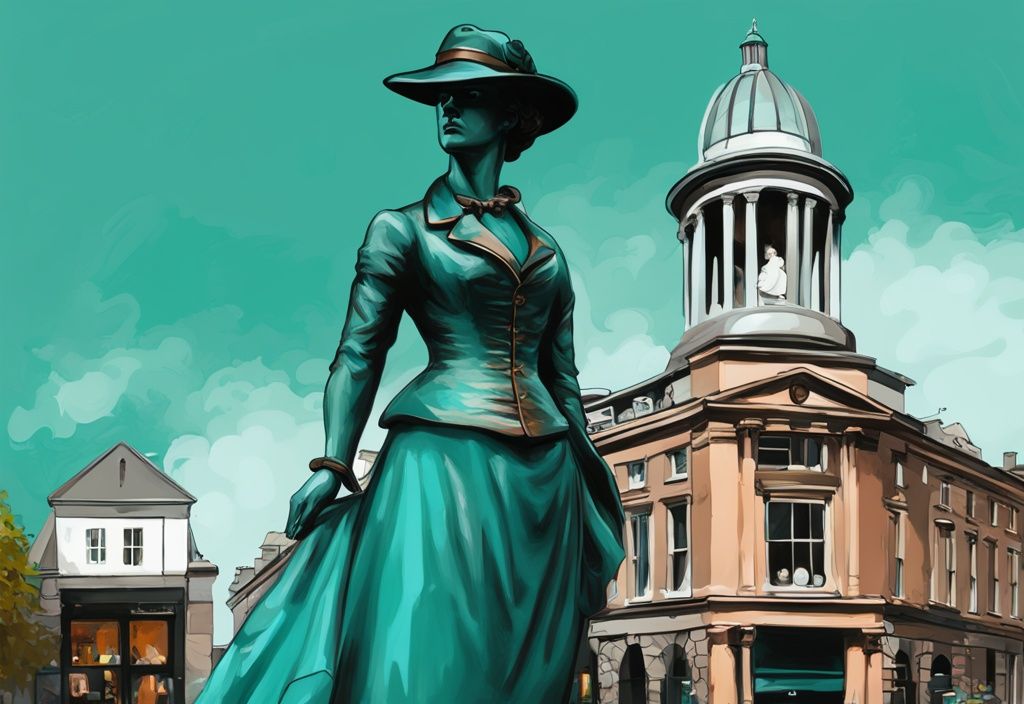 Ilustración digital moderna en tonos teal de la icónica estatua de bronce de Molly Malone, con el histórico Dublín de fondo, representando su popular figura como pescadera en el folclore irlandés; molly malone historia.