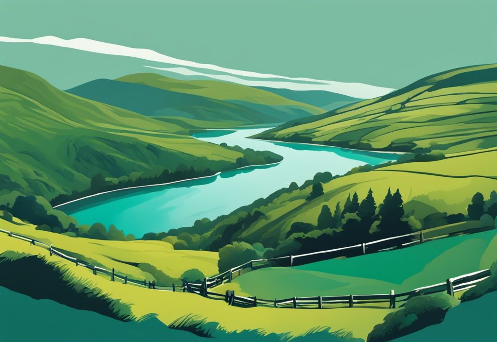 Ilustración digital moderna de los montes Wicklow con temática en color teal, mostrando vegetación exuberante, lagos serenos y un sendero serpenteante en primer plano, destacando qué ver cerca de Dublín.