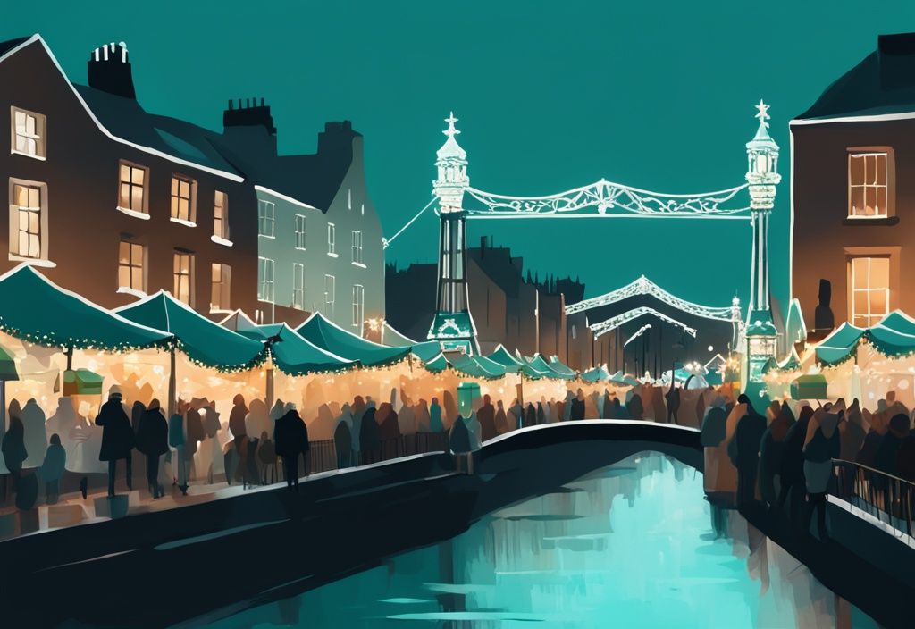 Ilustración digital moderna de un mercado navideño animado frente al icónico Puente Ha'Penny, iluminado con luces centelleantes, reflejándose en el río Liffey, con tema de color principal en tonos de teal.