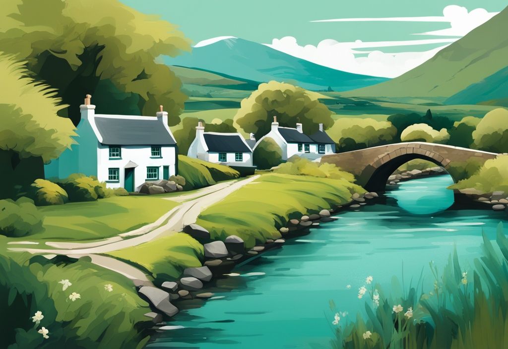 Ilustración digital moderna de un paisaje idílico cerca de Dublín, con cabañas con techo de paja, un puente de piedra sobre un río sereno, y vegetación exuberante frente a un fondo montañoso, en tonos de color verde azulado.