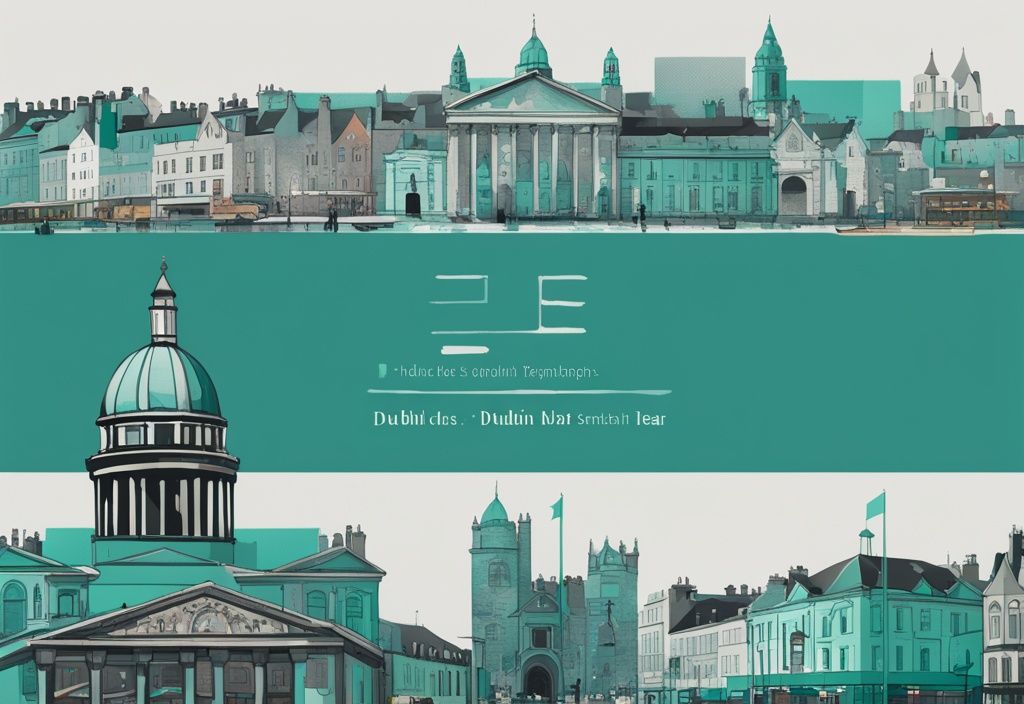 Ilustración digital moderna con tema de color teal, mostrando el Castillo de Dublín y el área de Temple Bar, sobrepuesta con un calendario semitransparente sugiriendo un itinerario. cuantos dias para ver dublin