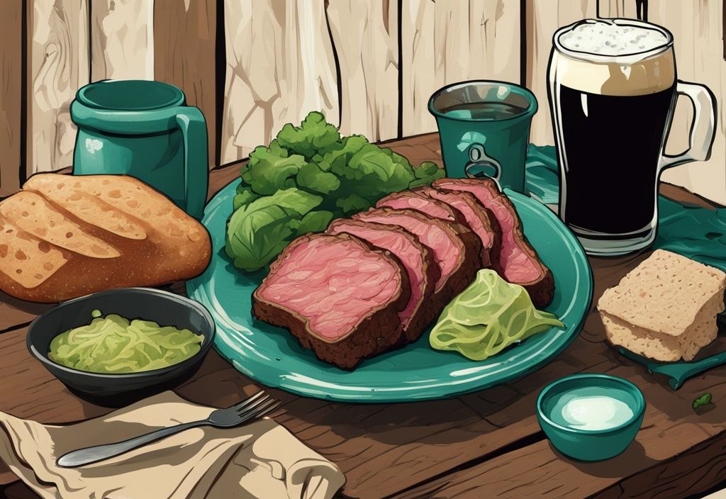 Ilustración digital moderna de una fiesta irlandesa tradicional con carne en conserva, col, pan de soda y una pinta de cerveza negra sobre una mesa rústica de madera, con tema de color principal en tonos verde azulado.