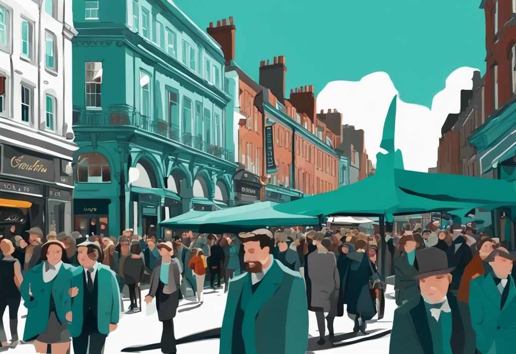 Ilustración digital moderna de un día ajetreado en Grafton Street, Dublín, con multitudes vibrantes, artistas callejeros y arquitectura victoriana, predominando el color teal.