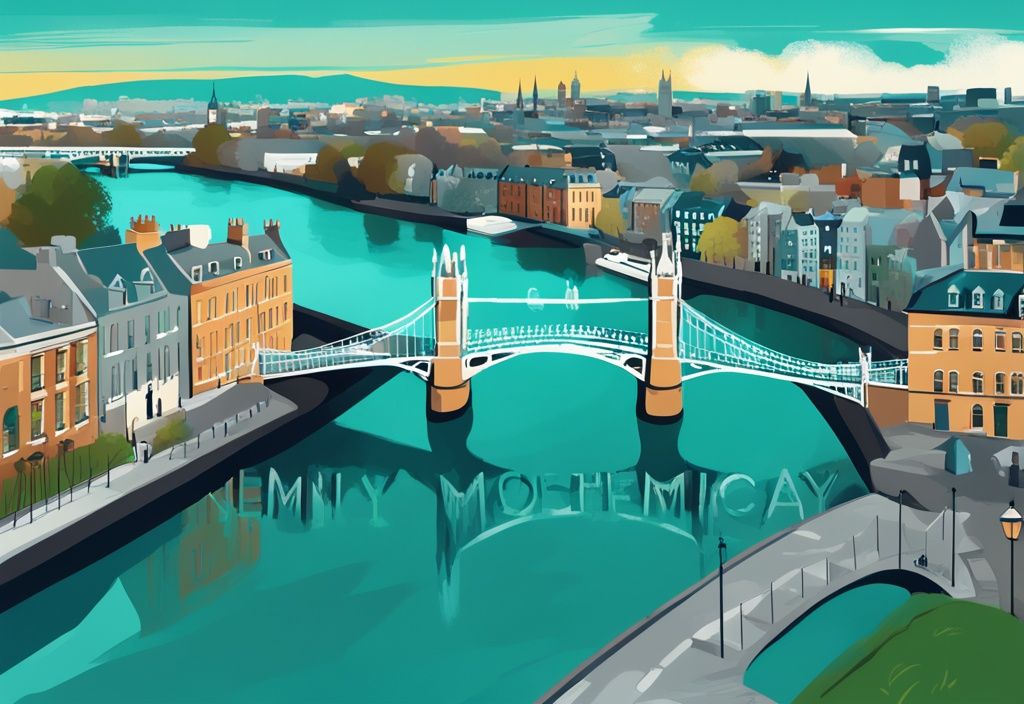 Ilustración digital moderna de Dublín con el Puente Ha'penny y el Castillo de Dublín en un día soleado de primavera, tema principal en color teal