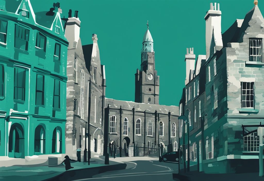 Ilustración digital moderna de Dublín con castillo medieval, edificios georgianos y estructuras modernas en tonos de color teal.