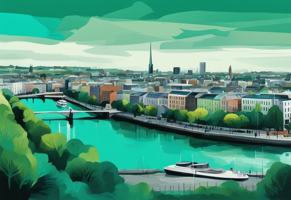 Ilustración digital moderna de Dublín en tonos teal, mostrando su paisaje urbano contemporáneo junto a parques verdes y el río Liffey.