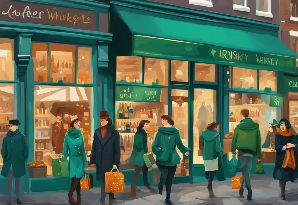 Ilustración digital moderna de una escena de compras en Dublín con tema de color teal, mostrando artículos populares como whiskey irlandés, suéteres Aran, anillos Claddagh y figuritas de leprechaun. que comprar en dublin.