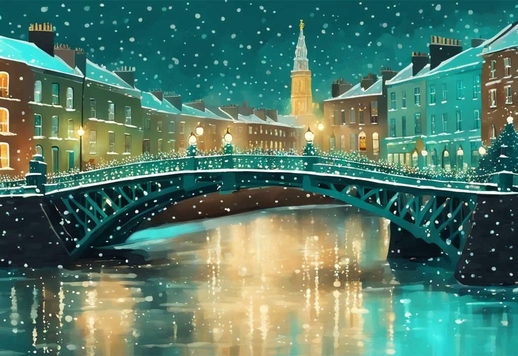 Ilustración digital moderna del Puente Ha'penny en Dublín en diciembre, con luces festivas y nieve ligera, y el barrio de Temple Bar iluminado al fondo.