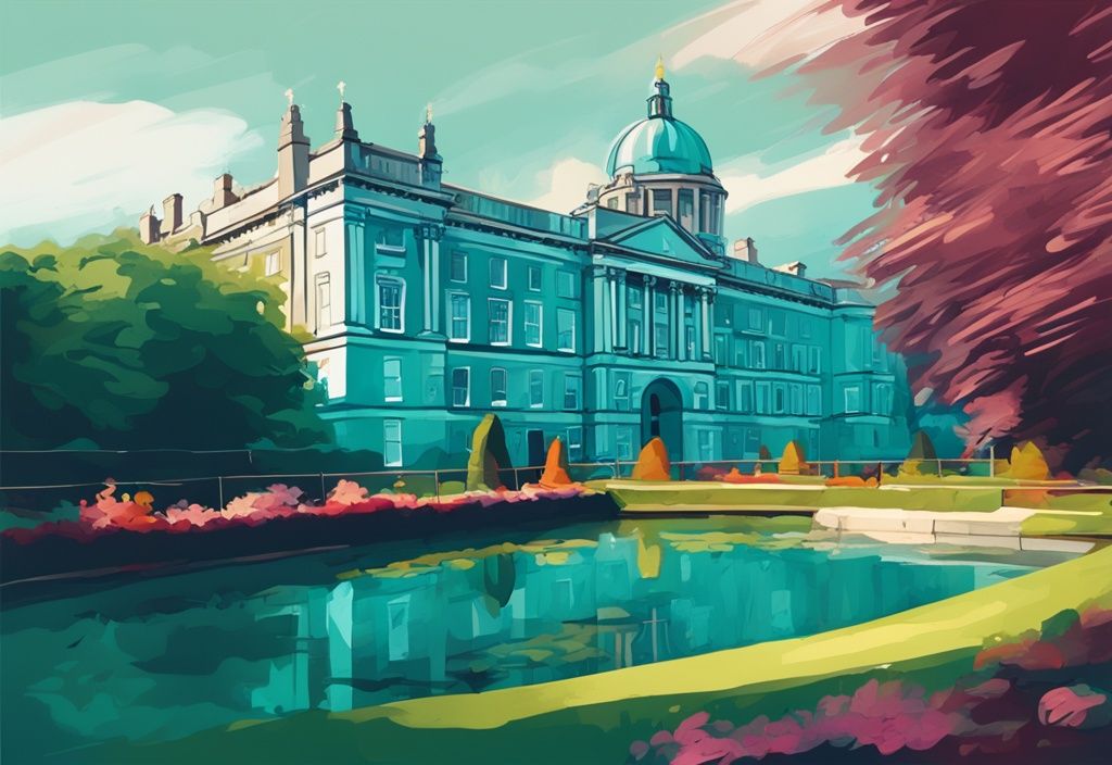 Pintura digital moderna de Dublín Castle con arquitectura histórica y jardines vibrantes bajo el sol radiante de Irlanda, en tonos de color verde azulado.