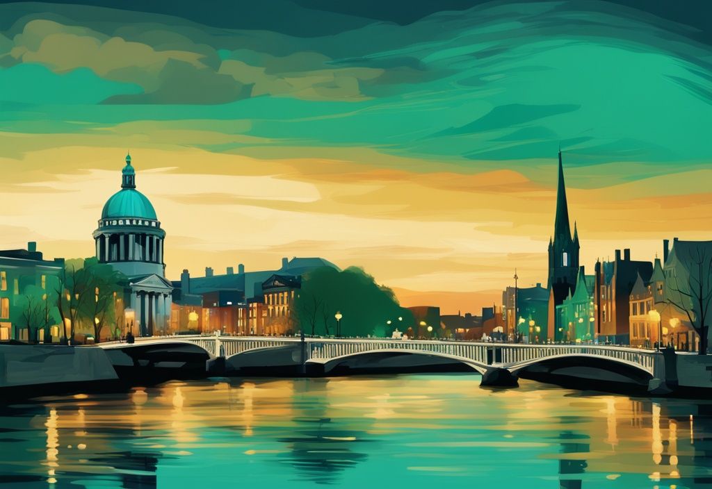 Ilustración digital moderna de Dublín en tonos teal, destacando el Puente Ha'penny, el Trinity College, la Guinness Storehouse y la Catedral de San Patricio en una secuencia de amanecer a atardecer durante un viaje de 4 días.