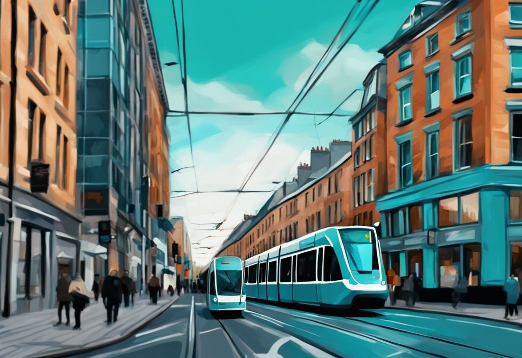 Ilustración digital moderna de una vista serena de las bulliciosas calles de Dublín con el icónico tranvía Luas pasando, famosos monumentos y un cielo azul brillante, destacando el transporte en Dublín.