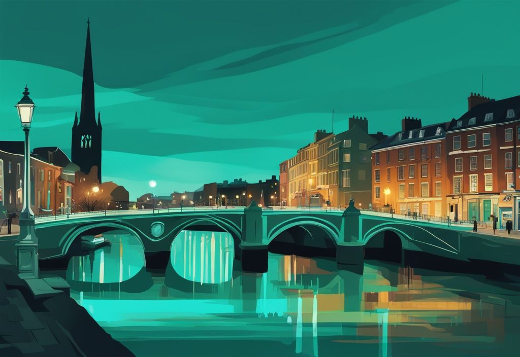 Ilustración digital moderna de Dublín con el río Liffey, el Puente Ha'Penny y el Castillo de Dublín en tonos de color teal, mostrando la transición del día a la noche.