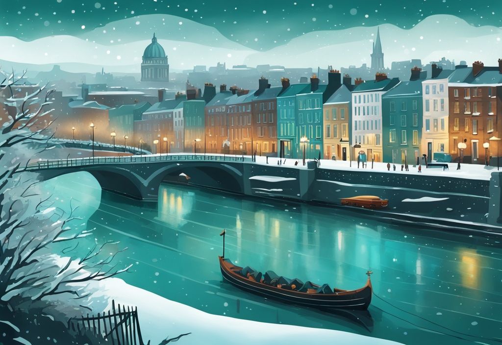 Ilustración digital moderna de Dublín con nieve, destacando el Puente Ha'penny y el Castillo de Dublín en tonos de color teal.