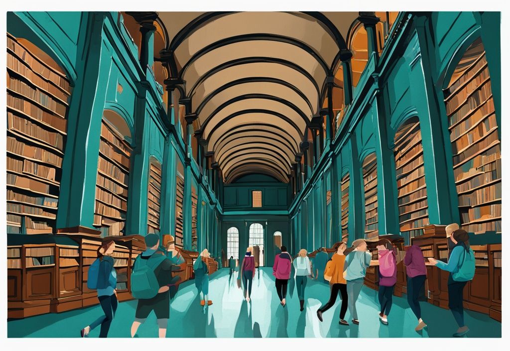 Ilustración digital moderna de turistas emocionados explorando la icónica Long Room de la Biblioteca Antigua en el Trinity College de Dublín, con tema de color principal en tonos de teal.