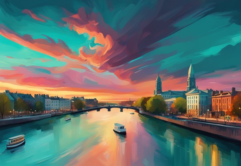 Pintura digital moderna de paisajes dublin al atardecer, mostrando la vibrante ciudad de Dublín con su arquitectura clásica, parques frondosos y el río Liffey bajo un cielo colorido.