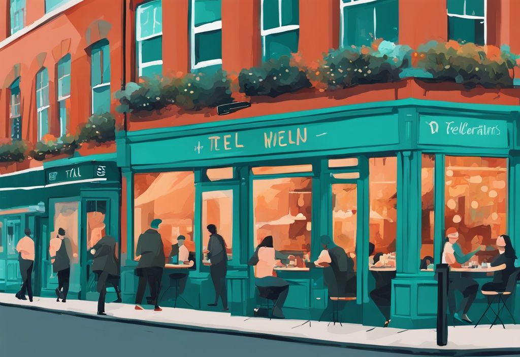 Ilustración digital moderna de restaurantes económicos en una calle vibrante de Dublín, destacando el tema donde comer barato en dublin con colores teal.