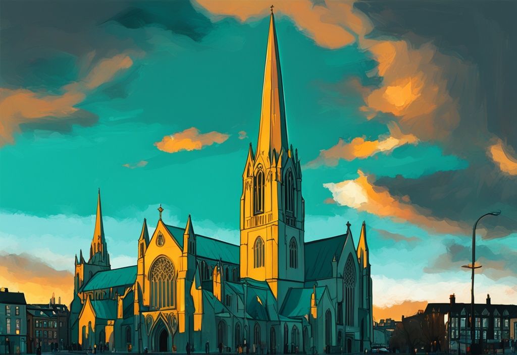 Ilustración digital moderna con tema de color teal, vista panorámica de la catedral San Patricio Dublín al atardecer con un cálido resplandor en la arquitectura gótica.