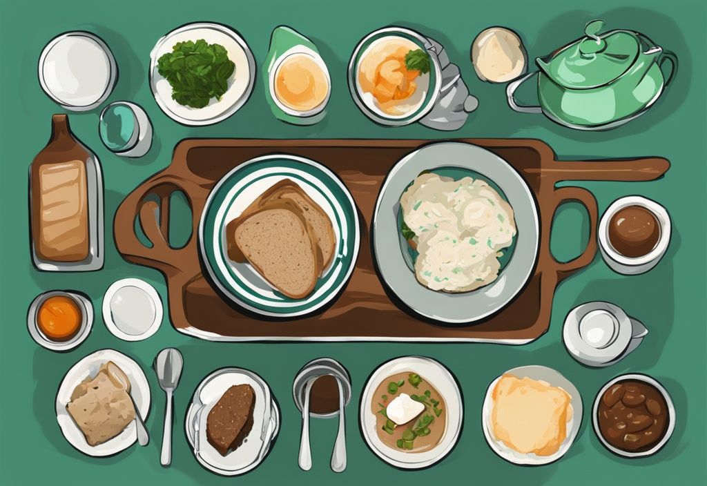 Ilustración digital moderna con temática de color verde azulado que muestra primeros planos de platos típicos irlandeses: estofado irlandés, pan de soda, colcannon, boxty y desayuno irlandés completo.