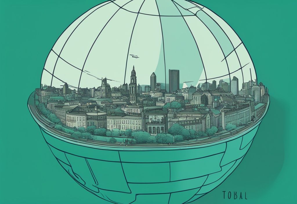 Ilustración digital moderna en tonos de color teal con un globo terráqueo resaltando y etiquetando la ciudad de Dublín, mostrando dónde está Dublín.