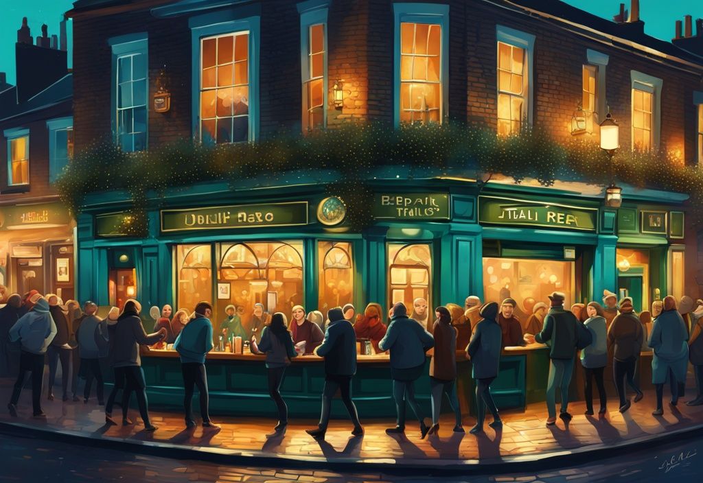 Ilustración digital moderna con tema principal en color turquesa, mostrando multitudes disfrutando en un pub irlandés tradicional iluminado por luces cálidas, en el icónico paisaje urbano de Dublín bajo un cielo estrellado, destacando la vida nocturna dublin.