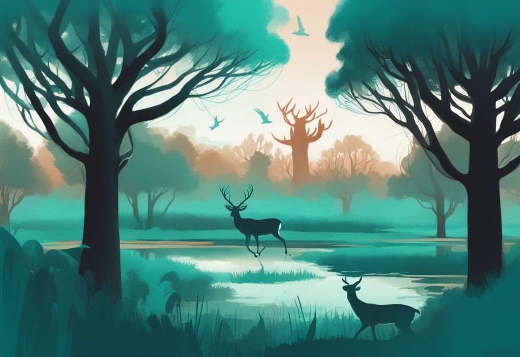 Ilustración digital moderna de Phoenix Park con ciervos entre la vegetación exuberante y árboles antiguos, tema principal color teal.