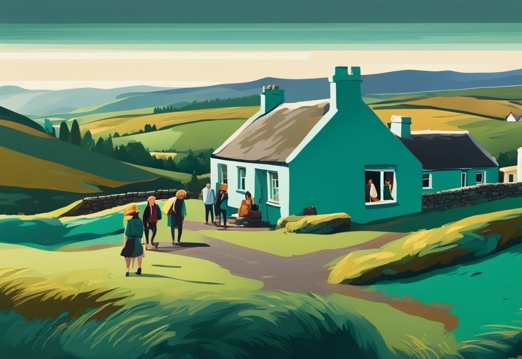 Ilustración digital moderna de paisajes campestres con las Montañas de Wicklow, una cabaña irlandesa tradicional y turistas explorando ruinas antiguas cerca de Dublín, en tonos de color teal.