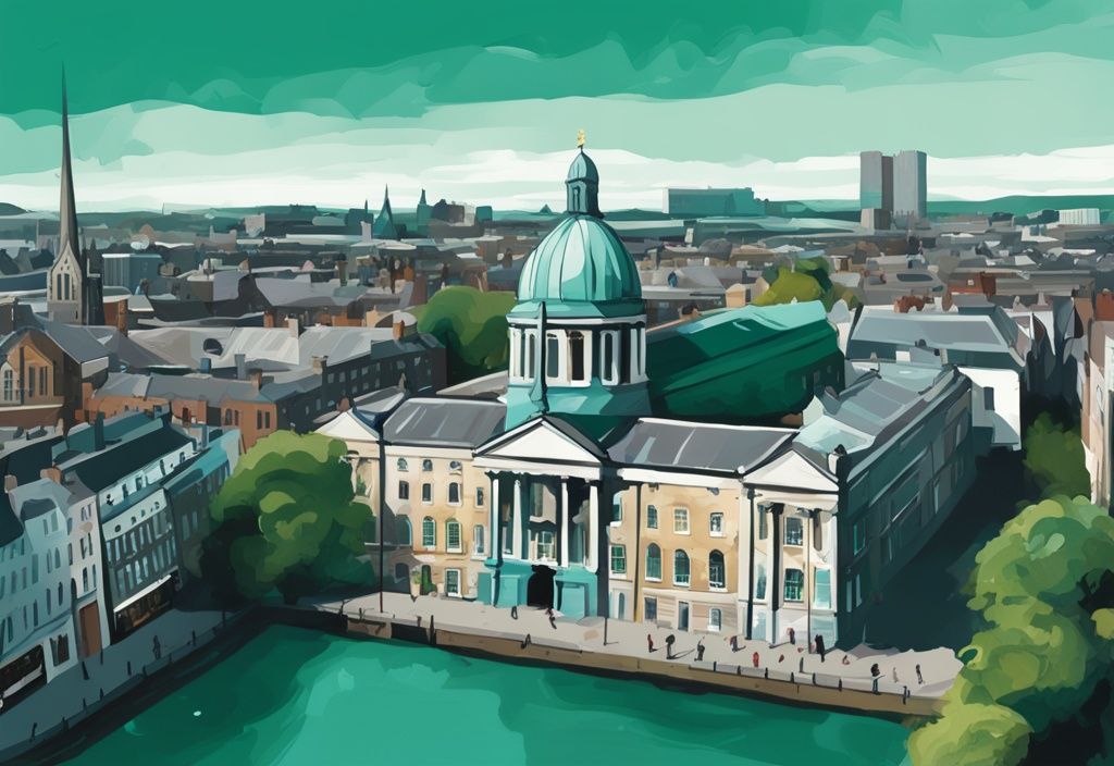 Ilustración digital moderna de Dublín con tema en tonos de color teal, mostrando el Castillo de Dublín, la Catedral de San Patricio y el parque St. Stephen's Green.