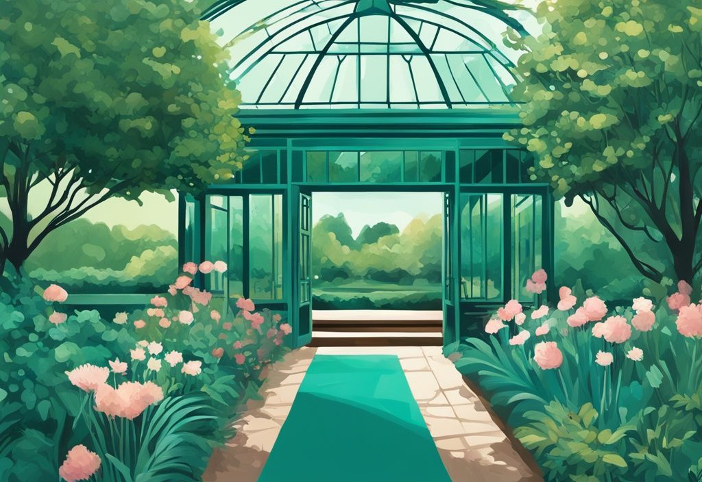 Ilustración digital moderna de los paisajes verdes y las casas de cristal del jardín botánico de Dublín.