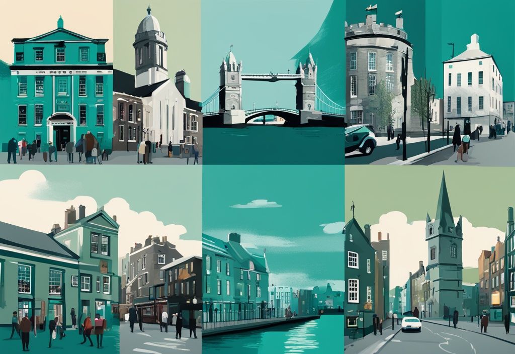 Ilustración digital moderna con tema principal en color turquesa, destacando monumentos de Dublín como el Puente Ha'Penny, el Pub Temple Bar, el Trinity College y la famosa Guinness Storehouse, todo dentro de una guía abierta.