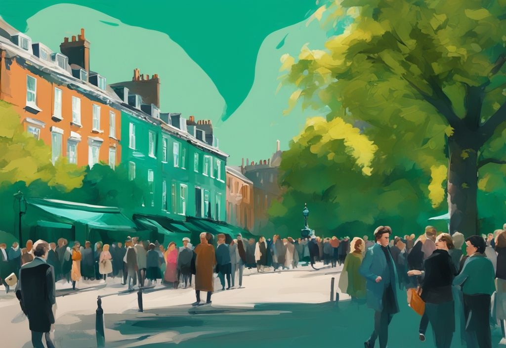 Ilustración digital moderna de Merrion Square en Dublín con tema principal en color teal, mostrando el parque verde lleno de gente, casas georgianas históricas y la colorida estatua de Oscar Wilde en primer plano.