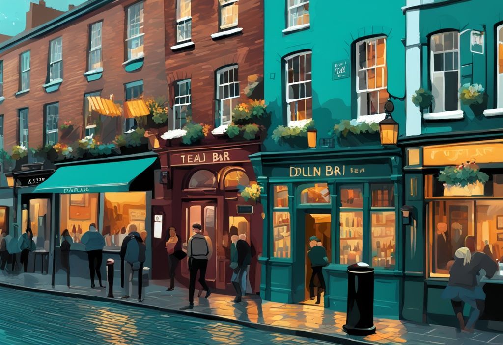 Ilustración digital moderna de Temple Bar en Dublín, con tema de color teal, pubs animados y edificios históricos.