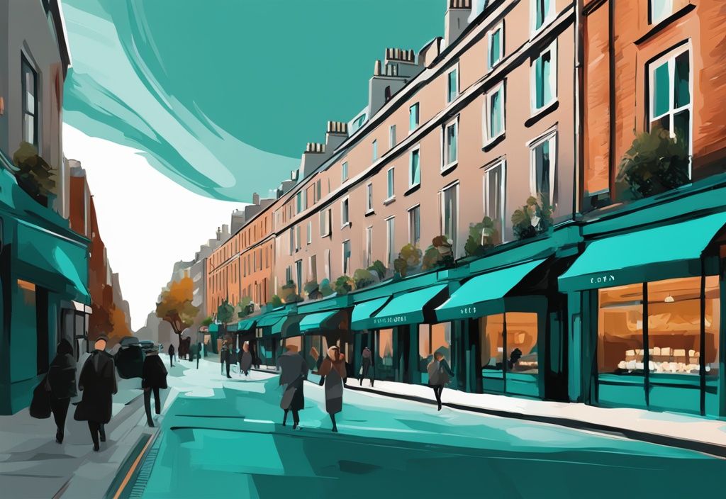 Ilustración digital moderna en tonos teal mostrando de cerca las elegantes tiendas de lujo, hoteles de alta gama y restaurantes exclusivos de Dublín; dublin es caro.